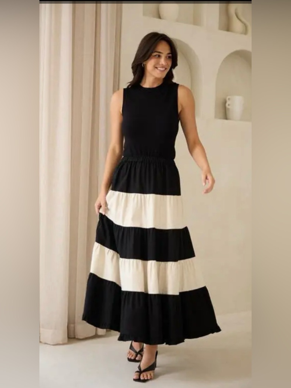 Black and Cream Tiered Maxi Skirt
